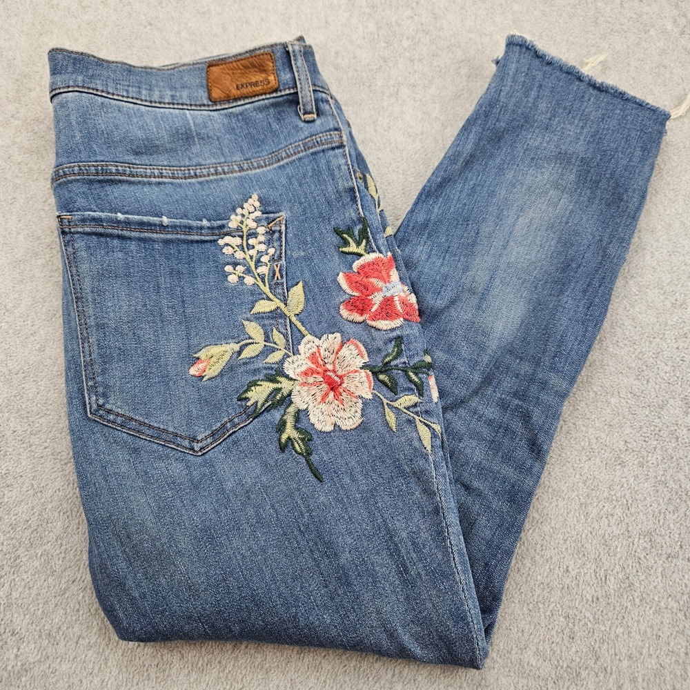 EXPRESS Ankle Legging Women 14S Blue Floral Embroidered Distressed Raw Hem Denim